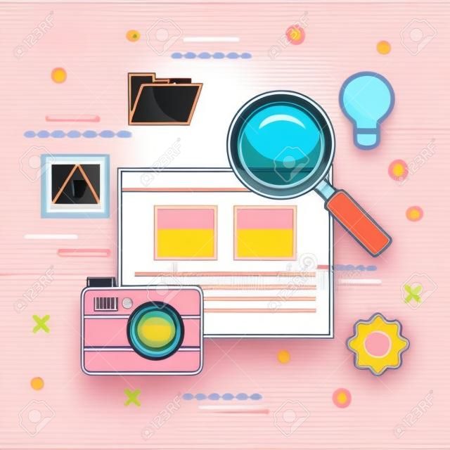 Internet webpage with camera magnifying glass and realted objects over peach background vector illustration