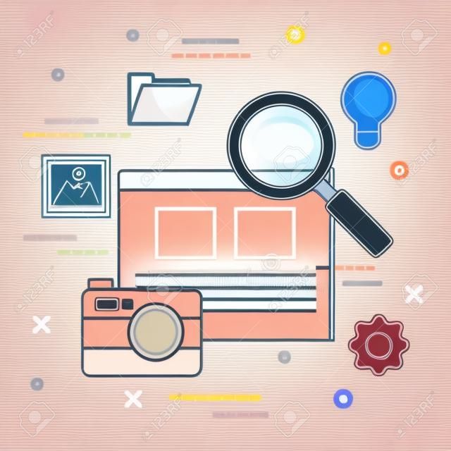 Internet webpage with camera magnifying glass and realted objects over peach background vector illustration