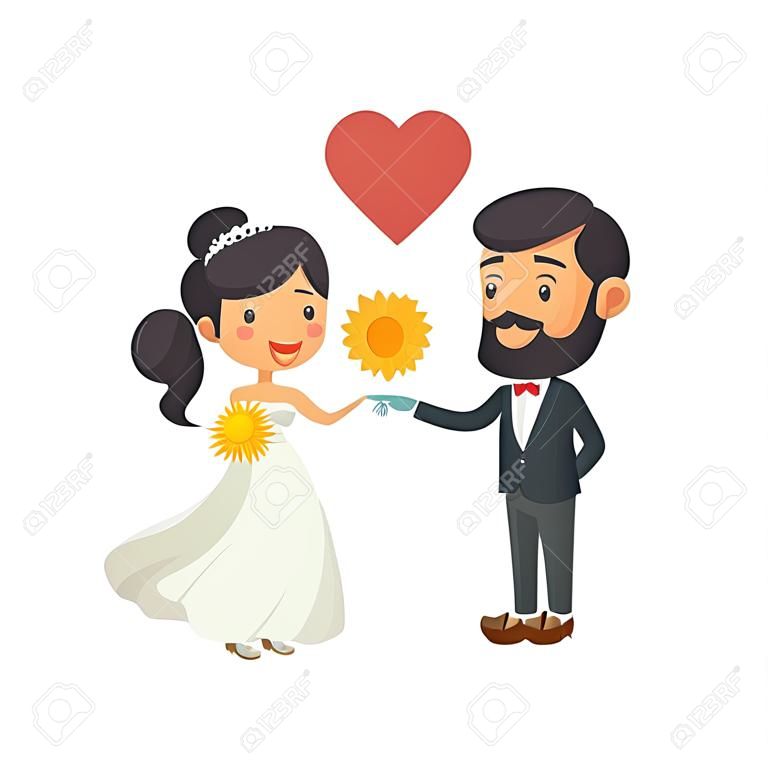 Мультфильм счастливой свадьбы пара и сердце значок на белом фоне векторные иллюстрации