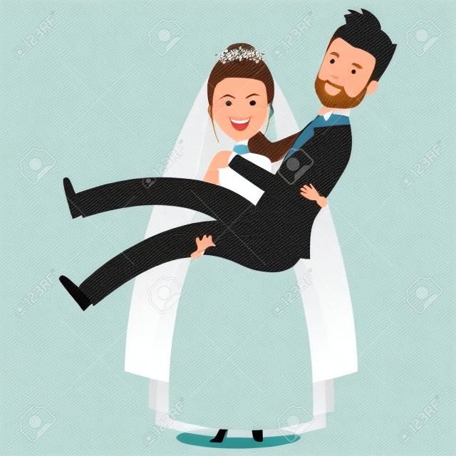только что женился пара невесты носит жениха в объятиях свадьбы оружия