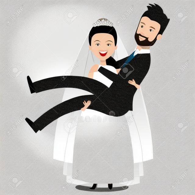 только что женился пара невесты носит жениха в объятиях свадьбы оружия