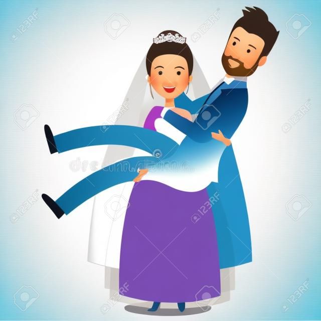 just married couple bride carries groom in the arms wedding vector illustration