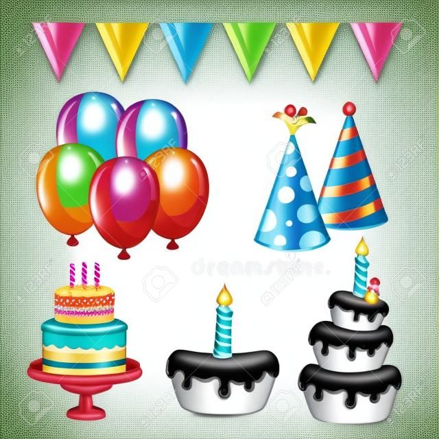 Il dolce balloons lo stendardo e fa festa il cappello del buon compleanno e dell'illustrazione di vettore di tema della celebrazione