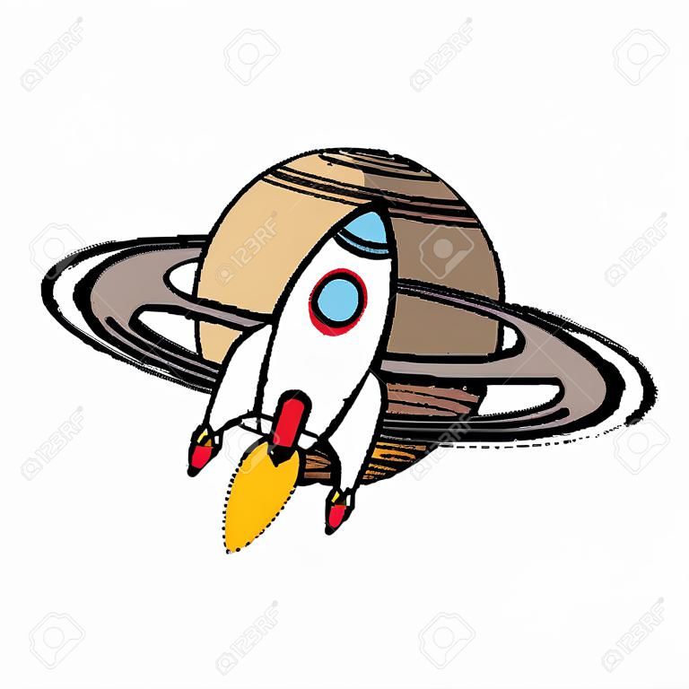 planeta de Saturno com design de ilustração vetorial de voo de foguete