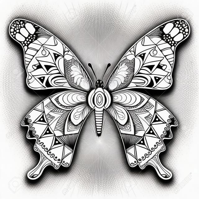 Dibujado a mano para colorear adultos con ilustración de vector de bosquejo monocromo de mariposa