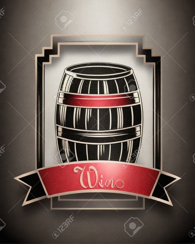 wine wooden barrel beverage stamp frame ribbon black vector illustration