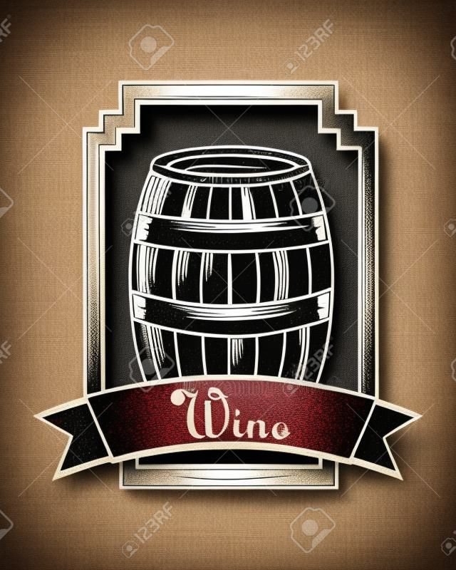 wine wooden barrel beverage stamp frame ribbon black vector illustration
