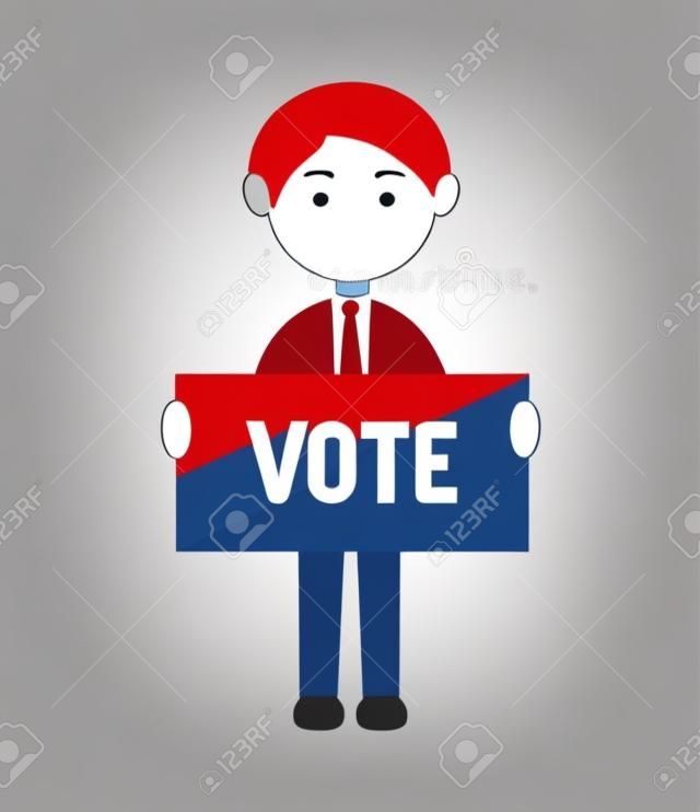 Diseño de votación de elecciones de dibujos animados con hombre con ilustración de vector de banner de voto
