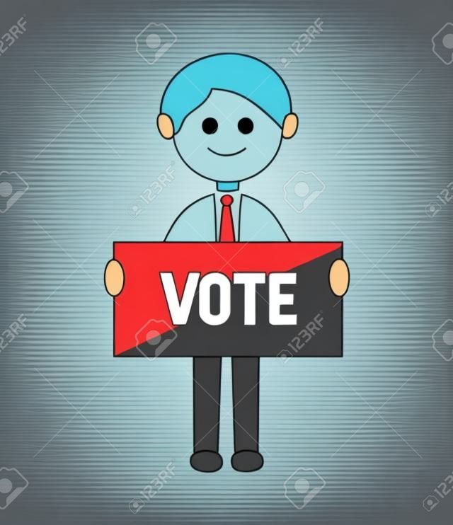 Disegno del fumetto elezioni voto con l'uomo con il voto bandiera illustrazione vettoriale