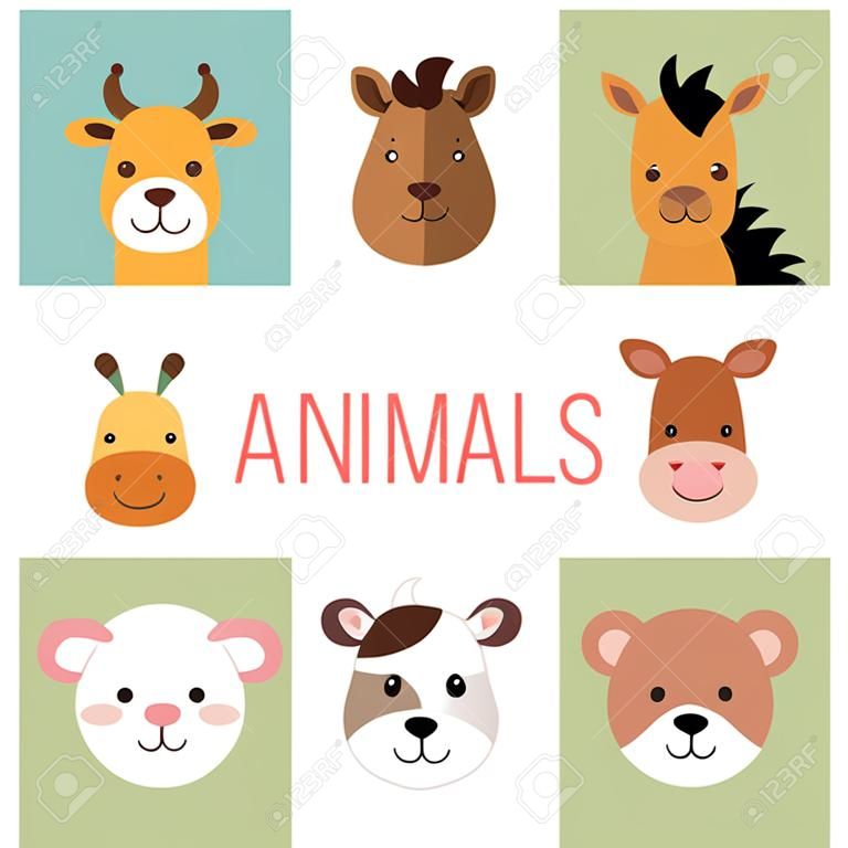 Lindo grupo cabeza animales personajes, diseño de ilustraciones vectoriales