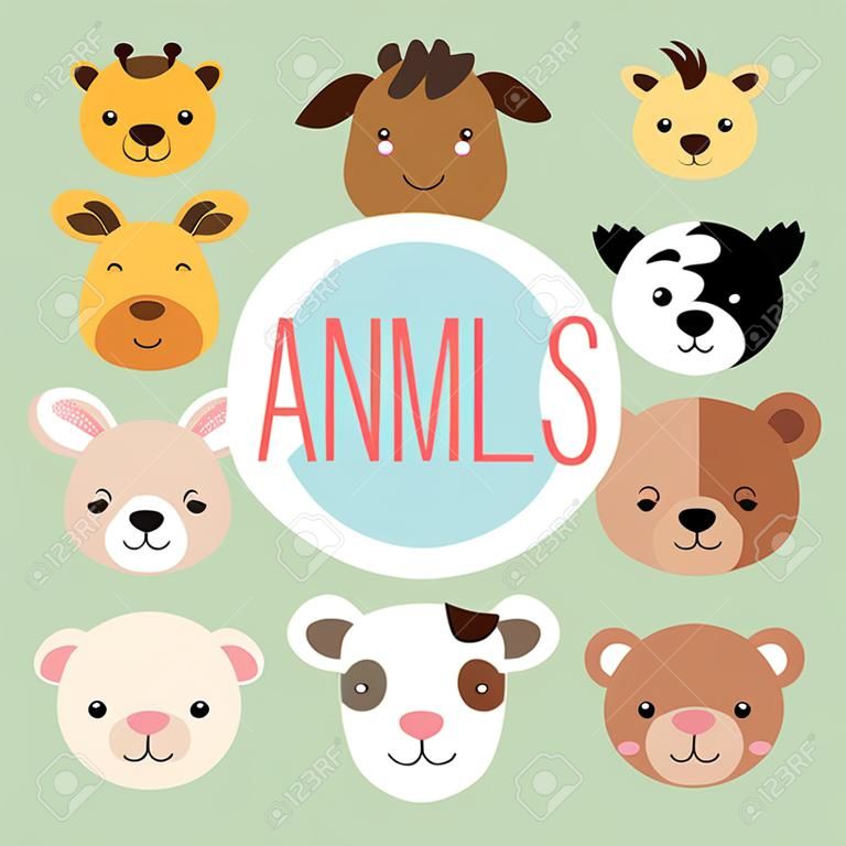 cute group head animals characters vector illustration design