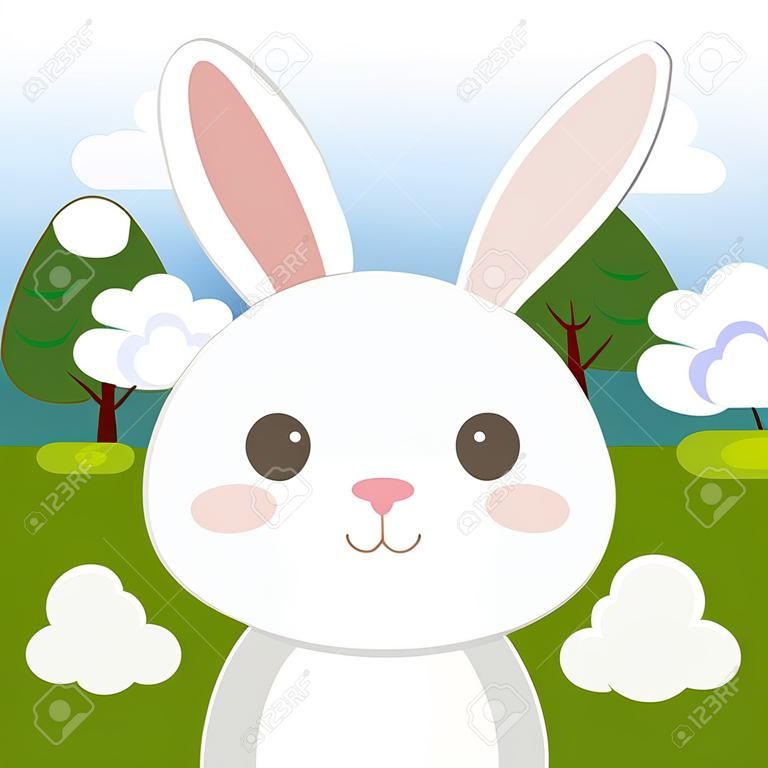 cute rabbit in the field landscape character vector illustration design