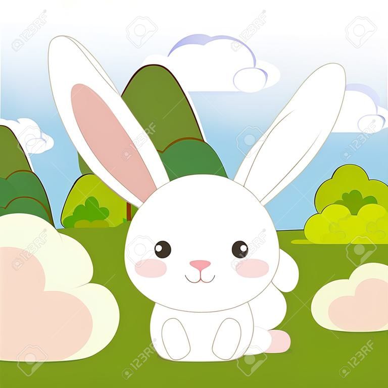 cute rabbit in the field landscape character vector illustration design