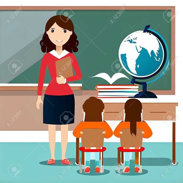 女老師與學生在教室裡的矢量插圖設計