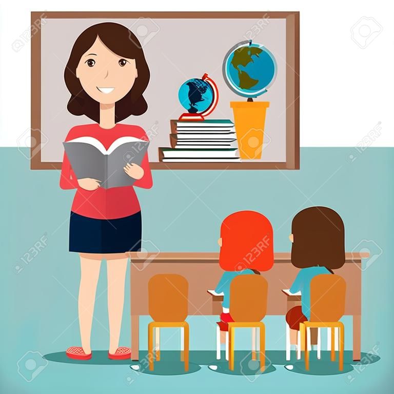 insegnante donna con studenti nel disegno di illustrazione vettoriale di classe