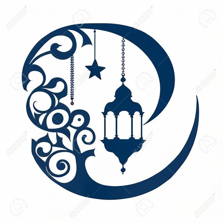 ramadan kareem luna con lámparas colgantes colgando ilustración vectorial de diseño