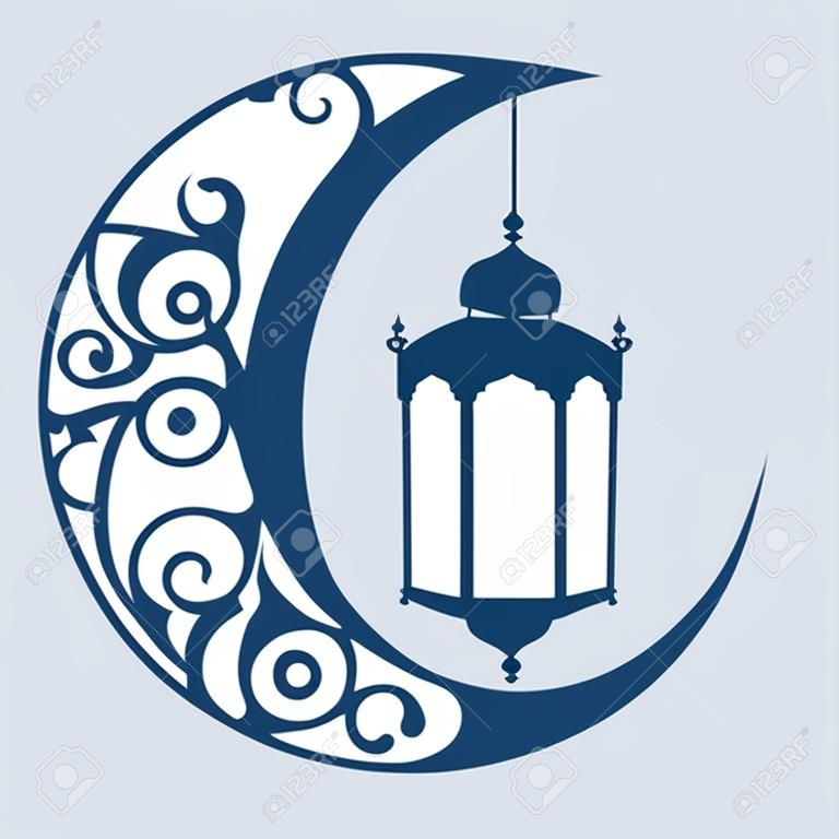 ramadan kareem lune avec lampes suspendus illustration vectorielle conception
