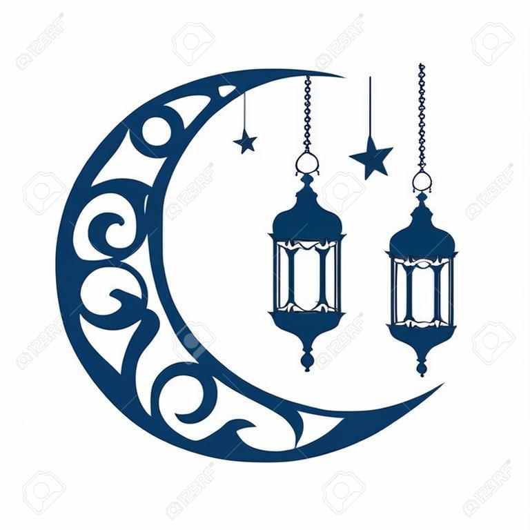 ramadan kareem moon with lamps hanging vector illustration design