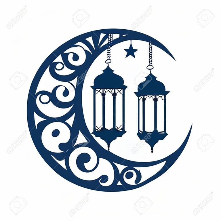 ramadan kareem moon with lamps hanging vector illustration design