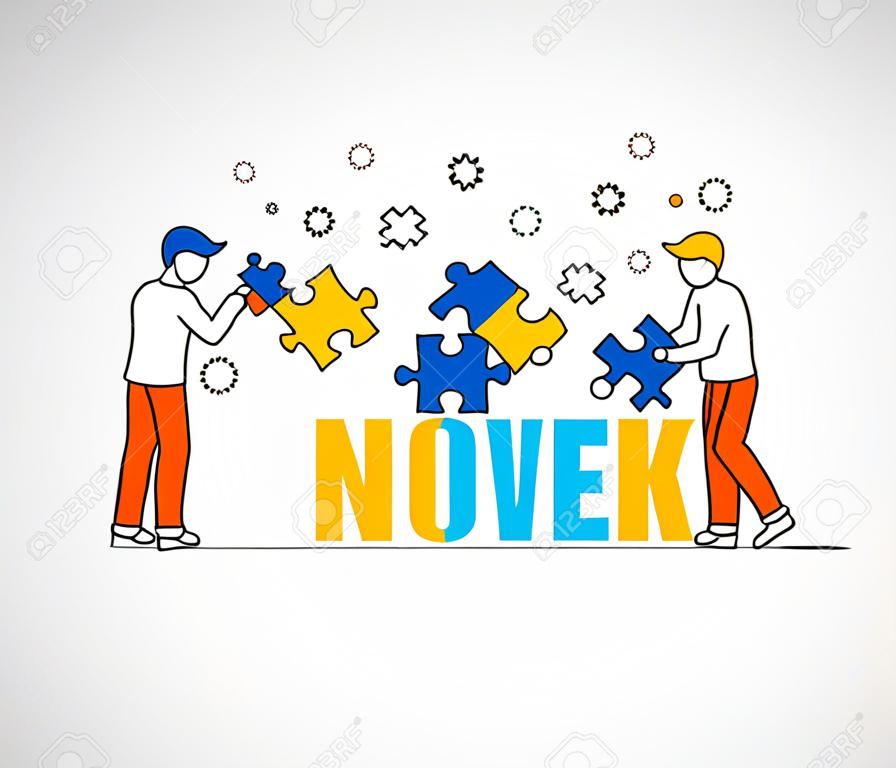 people teamwork boys sitting holding puzzle pieces vector illustration
