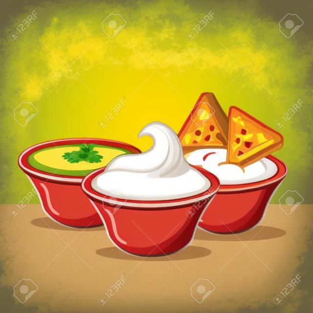 nachos with cream tomato cheese and guacamole mexican food vector illustration