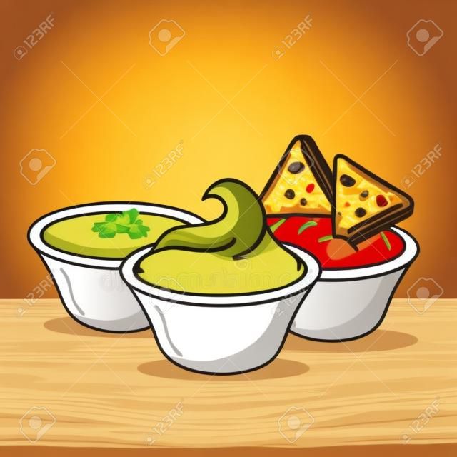 nachos with cream tomato cheese and guacamole mexican food vector illustration