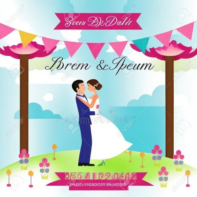 bride and groom embraced in the park wedding save the date card vector illustration