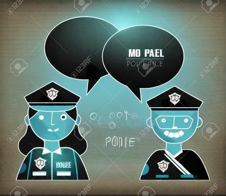 Mujer y hombre policía retrato bocadillo dibujo ilustración vectorial