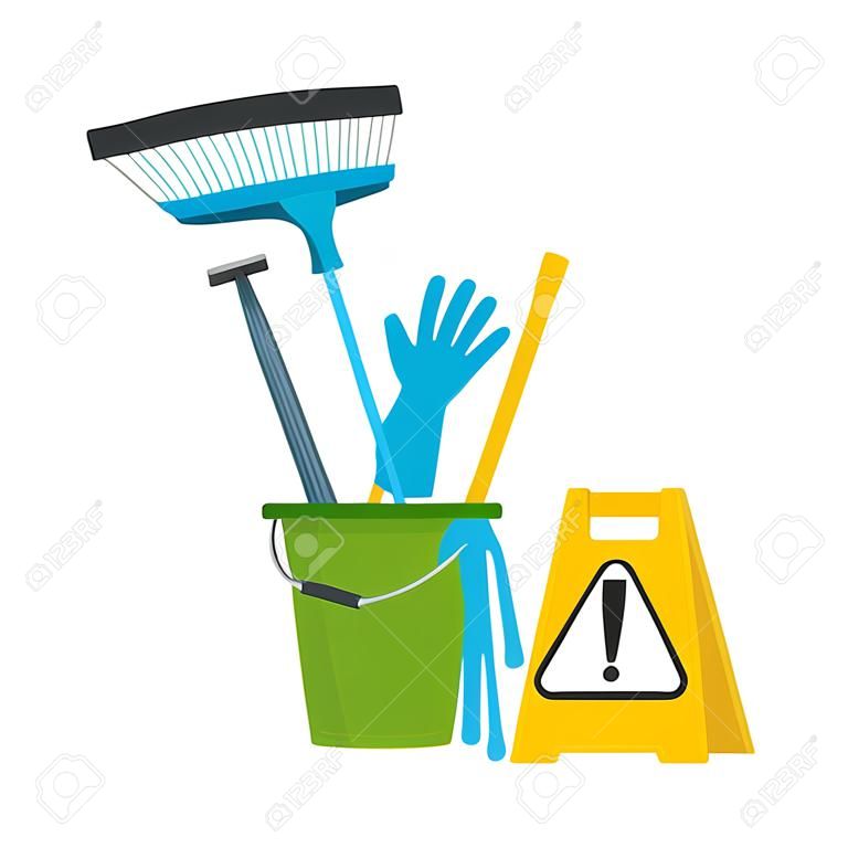 bucket with mop brush broom dustpan glove warning board cleaning vector illustration