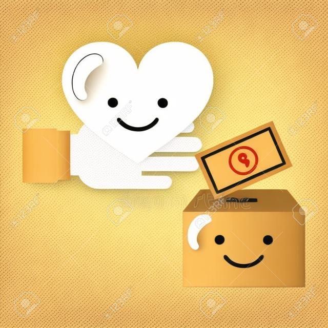 hand with heart cardboard box cartoon and money charity donation vector illustration
