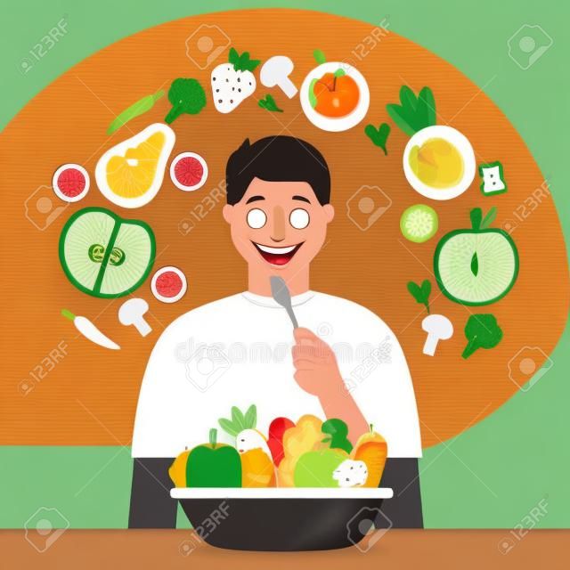 happy man eating healthy food vector illustration