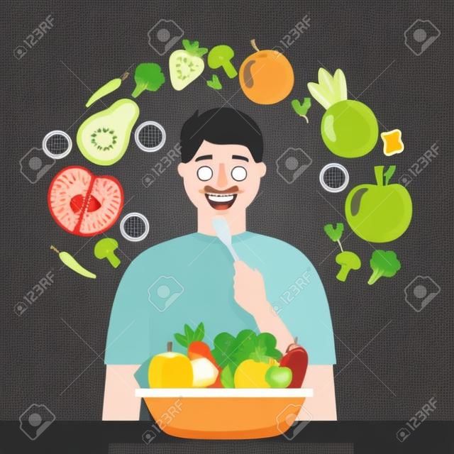 健康な食べ物のベクトルのイラストを食べる幸せな男