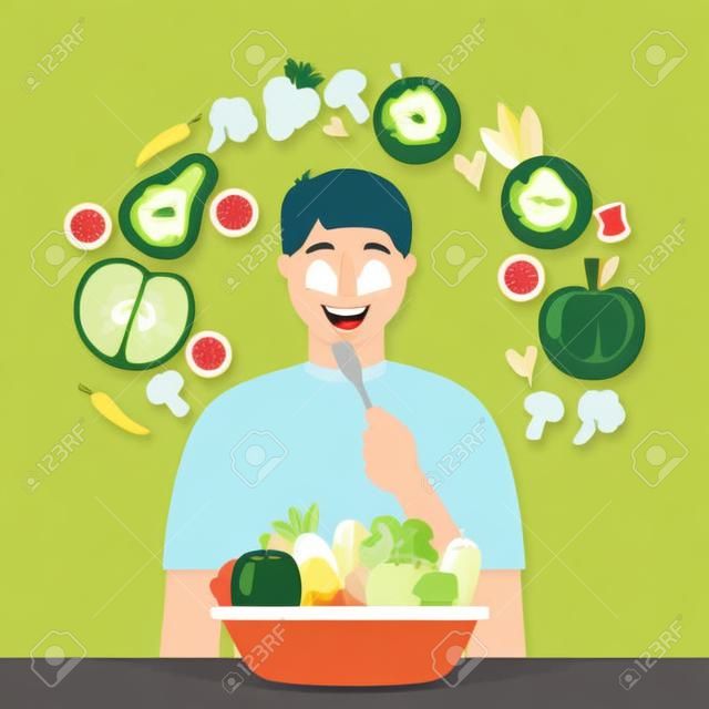 happy man eating healthy food vector illustration