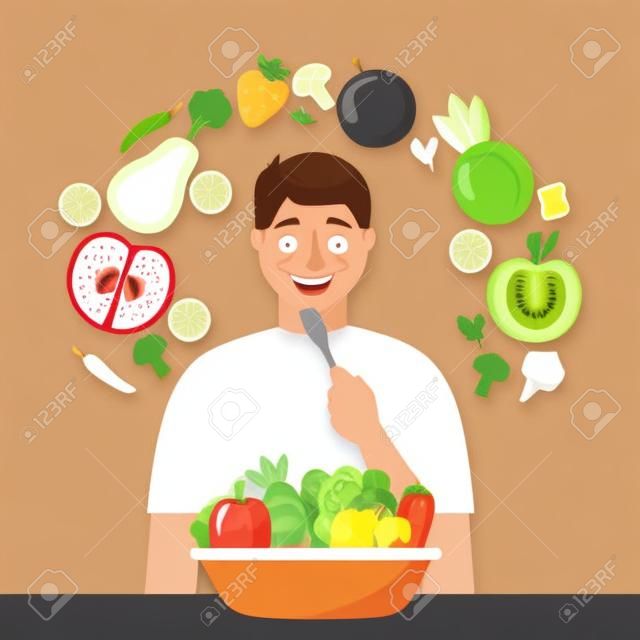 健康な食べ物のベクトルのイラストを食べる幸せな男