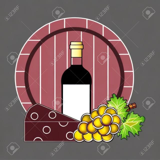 bottiglia di vino barile formaggio e uva fresca illustrazione vettoriale