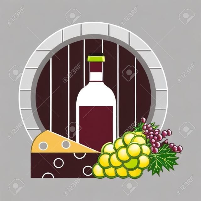 wine bottle barrel cheese and fresh grapes vector illustration