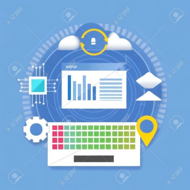 cloud computing keyboard location statistics document vector illustration