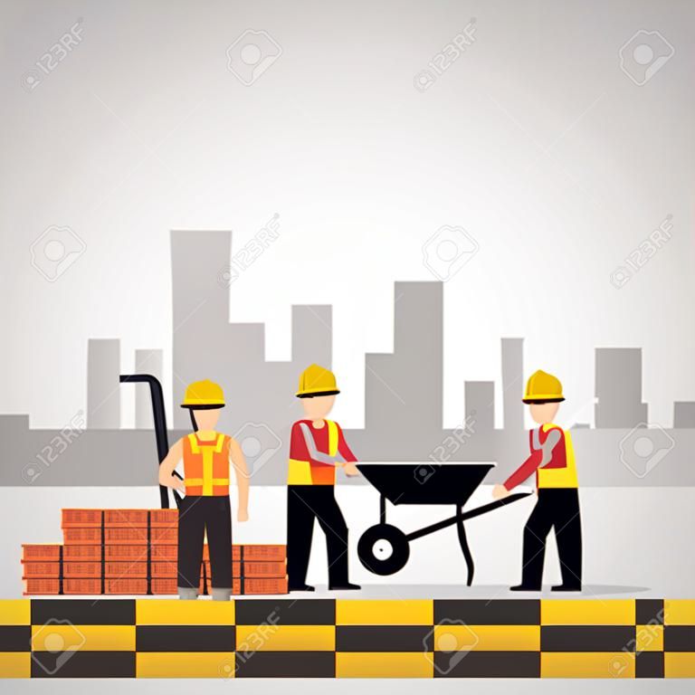 workers construction wheelbarrow bricks buildings vector illustration