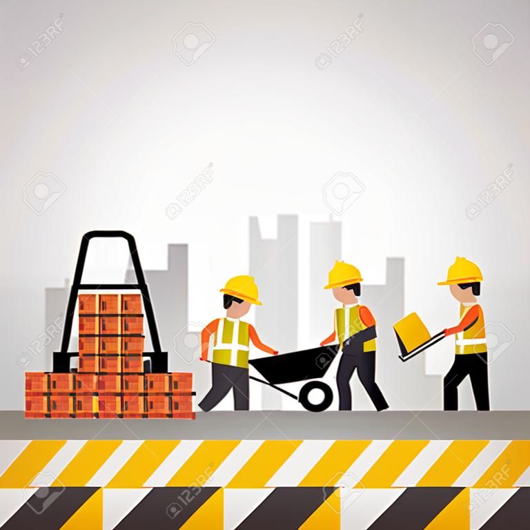 workers construction wheelbarrow bricks buildings vector illustration