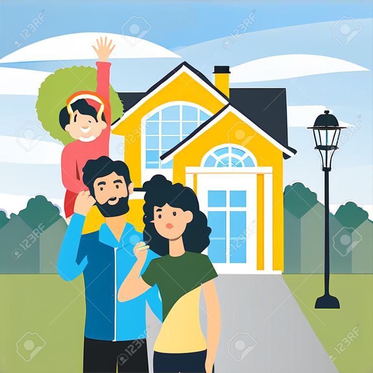 gelukkige familie front huis vector illustratie ontwerp