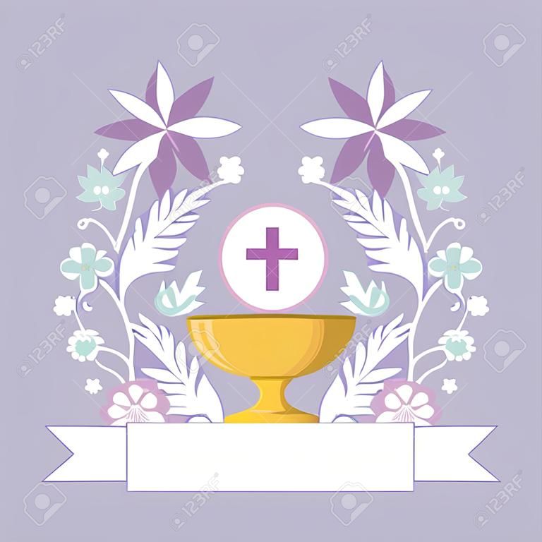 Première communion en calice avec conception d'illustration vectorielle couronne florale