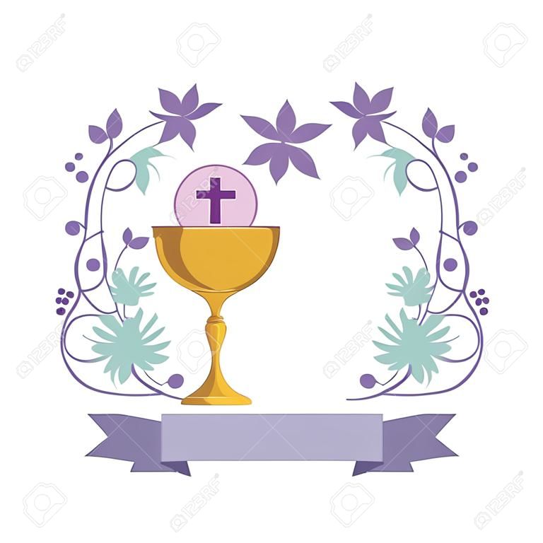 Première communion en calice avec conception d'illustration vectorielle couronne florale