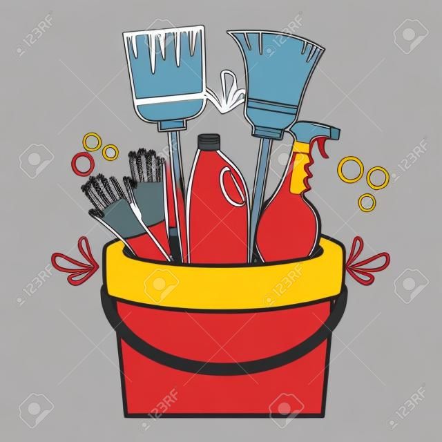 bucket broom gloves spray spring cleaning tools vector illustration