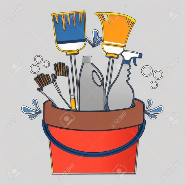 bucket broom gloves spray spring cleaning tools vector illustration