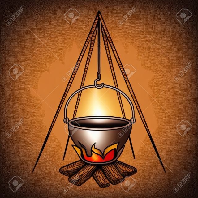 wood fire with pot cooking vector illustration design