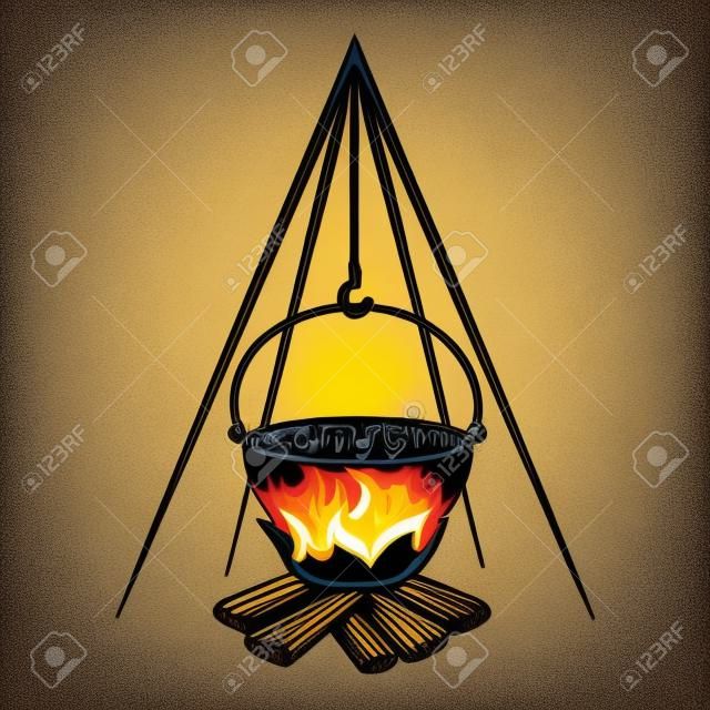 wood fire with pot cooking vector illustration design