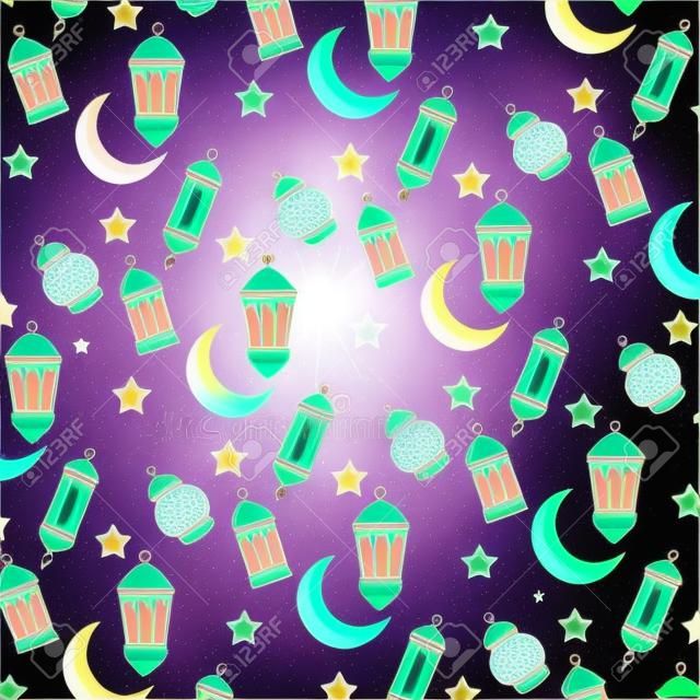 eid mubarak lantern moon stars background vector illustration
