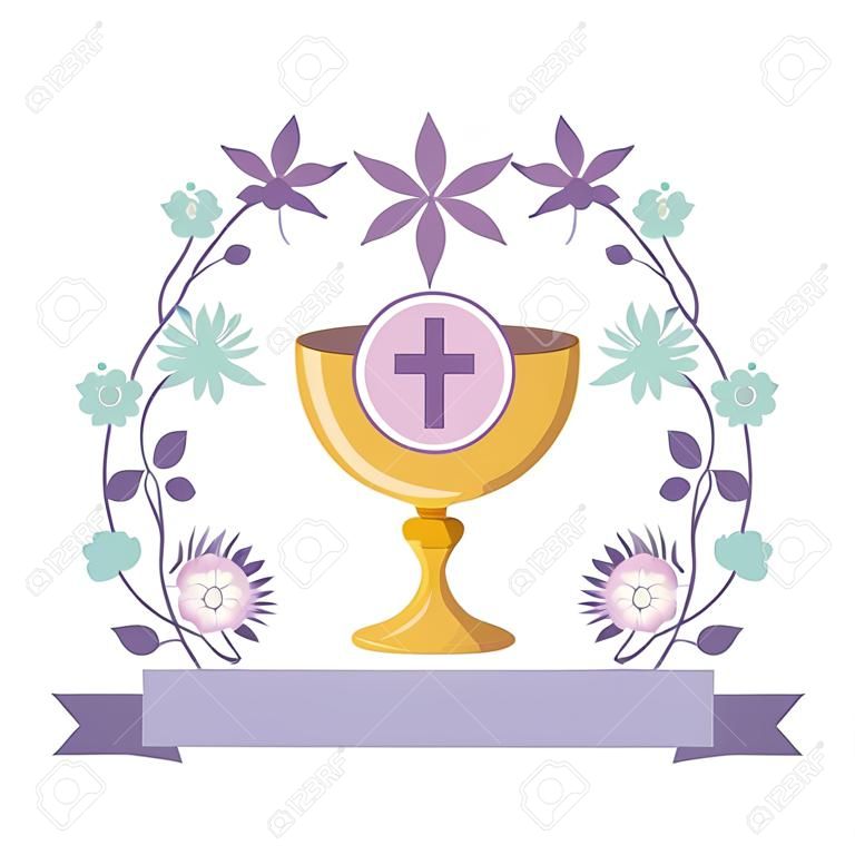 first communion in chalice with floral crown vector illustration design