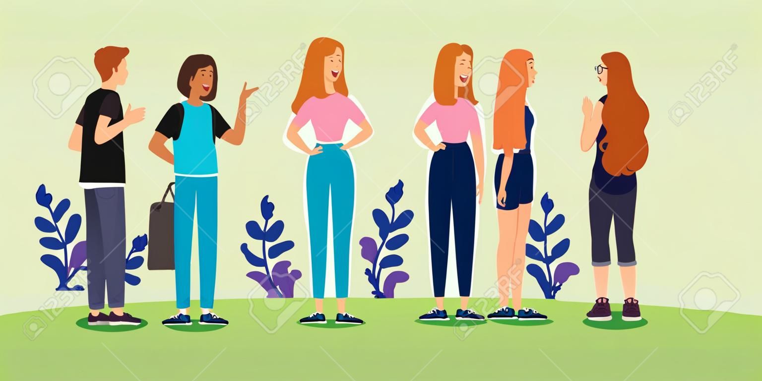 group of young people in park nature vector illustration design