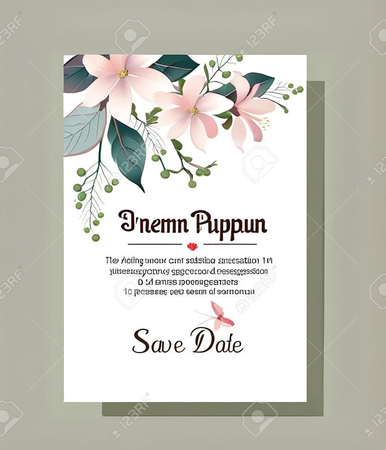 Tarjeta de invitación de boda con decoración de flores, diseño de ilustraciones vectoriales